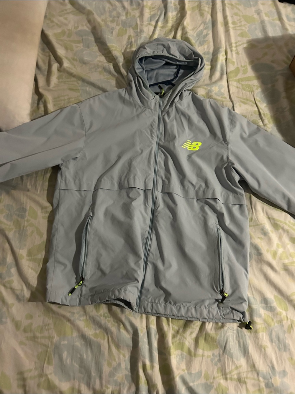 New Balance Gray Hooded Windbreaker with Neon Yellow Logo